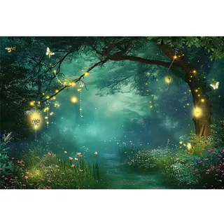 Xiaoterna 3x2,5m Wald Kulisse Dschungel Nachtansicht Grüner Baum Schmetterling Hintergrund Frühling Charming Garden Fee verzaubert Wald Kulisse Erwachsene Kinder Portrait Fotostudio Requisiten