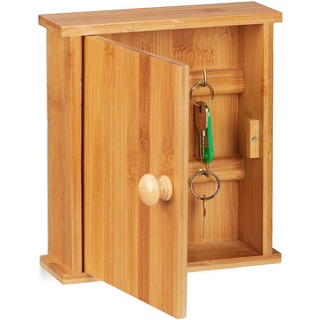 Relaxdays Schlüsselkasten Bambus-Holz, 6 Haken, Magnetverschluss, Schlüsselschrank für die Wand, HBT 20,5x18x6cm, Natur