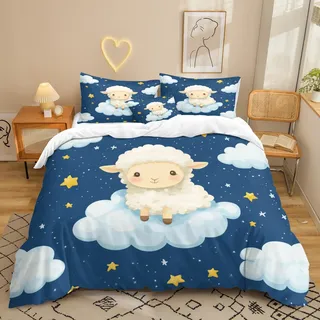Generisch Bettwäsche 135x200 3teilig Sterne Schafe Cartoon Bettbezug - Bettwäsche-Sets für Sommer und Winter kinderbettwäsche mit 2 Kissenbezüge 80x80cm, Bedding mit Reißverschluss