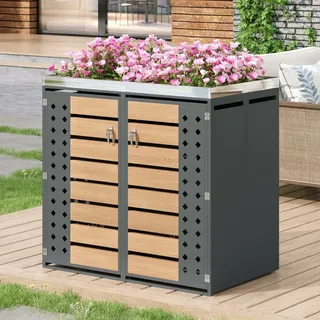 Doppelter Müllcontainerunterstand – 132 X 80 X 124,5 Cm – Integrierter Blumenkasten – Verzinkter Stahl – Abschließbar – Rautenmuster – Grau Und Holzoptik