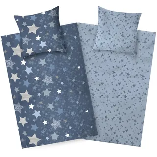 Aminata kids Biber Bettwäsche 135x200 cm Sterne Stern-Motiv 100% Baumwolle | Kinder-Wende-Bettwäsche-Set mit Reißverschluss für Mädchen und Jungen | 2- teilige warme & weiche Wende-Bettwäsche blau