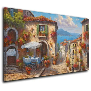 Kunstwelten24 Wandbild Leinwandbild Italien Dorf Altstadt Meeresblick Kunstdruck Wanddekoration Größe 120x80x4cm