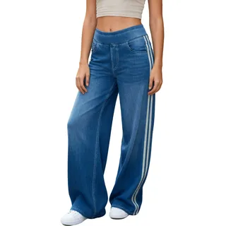 LaiEr Damen Jeans mit Weitem Bein Einzigartiges Color Block Design,Hoher Bund mit Gerader Schnitt,Geeignet für Freizeit Yoga und Fitness,Hochelastische Baggy Denimhose.(DarkBlueNostalgicXS) - XS