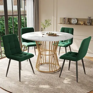 Esstisch Set 5 teilig rund 100cm goldene Beine weiße MDF