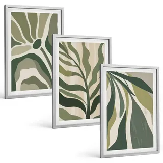 Bilder Set 3-teilig im silbergerahmten Rahmen – Wandbilder 3 Stück – gerahmte Poster für Wohnzimmer, Schlafzimmer und Flur – 40x60 cm – I... - Grün