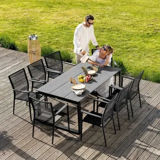 di volio Gartenmöbel PREZZA, langlebiges Gartenmöbel-Set für 8 Personen - Esstisch & 8 Stühle, Kunstholz & Aluminium, stapelbare und bequeme St... - Grau/Schwarz