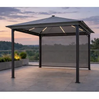 Leco Solar-Pavillon "Zoey" mit LED-Beleuchtung und Gittergewebe-Rollos,lichtgrau,300 x 300 x 261 cm (L x B x H)