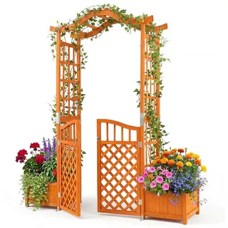 COSTWAY Rosenbogen mit 2 Pflanzkasten,183x18x210cm,Tannenholz Blumenbogen, Gartenbogen mit Rankgitter&abschließbarer Tür,Rankhilfe für Kletterpf... - Gelb