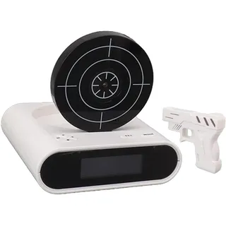 Gun and Target Wake Shot Alarm Clock, Digitaler Zielwecker mit Pistole, Schießspiel Uhren, kreativer LED-Anzeige-Waffenwecker mit 2 Interessanten Alarmmodi für Zuhause, Schlafzimmer, Büro (Weiß)