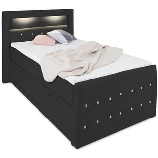 Girona LED-Bett 120x200 mit Bettkasten und Kristallen - Bett mit Matratze und Topper - Stauraumbett 120 x 200 cm mit Schubladen Samt-Stoff schwarz