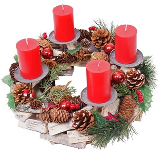 Adventskranz HWC-H49AM, Weihnachtsdeko Adventsgesteck Weihnachtsgesteck, Holz rund Ø 33cm - inkl. 4X Kerzen rot