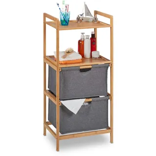 Relaxdays Badregal mit Wäschekorb, 2 Ablagen & 2 Stoffkörbe, Wäschesortierer Bambus, HBT: 96 x 44 x 34 cm, Natur/grau