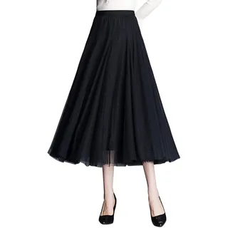 Damen Tüllrock Midi Faltenrock 78cm Länge Hoher Bund Schick Rock Elastisch Taille Drapiert Stoff, Schwarz - 36-40