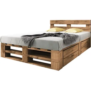 Lermowood Palettenbett M2 aus Holz 160 x 200 cm Eiche mit Kopfteil und 2 Bettkästen Holzbett 40cm Stabiles Seniorenbett Kinderbett Jugendbett Gästebett erhöhtes Bettgestell Futonbett Komforthöhe