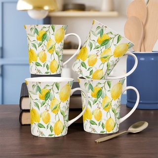 Lesser & Pavey Kaffeebecher im britischen Design, Keramik-Kaffeetassen für Zuhause oder Arbeit, große Tassen für heiße Getränke, Tee- und Kaffeetassen, Zitronenhain, 4 Stück