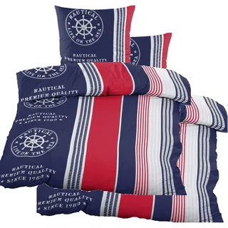 KH-Haushaltshandel 4-TLG. Seersucker Bettwäsche 2X 135x200 +80x80cm, blau rot, Maritim, bügelfrei, Microfaser(60358)