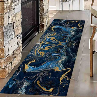 USHIRUG Luxuriöser Blauer Flurläufer, 80x200cm Moderner Rutschhemmender Marmorteppich, Langer, Waschbarer Eingangsteppich, Abstrakte Teppiche für Küche, Schlafzimmer, Wohnzimmer, Büro, Waschküche