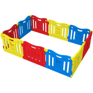 BABY CARE by Dwinguler - Playpen Vivid - Laufgitter Laufstall Absperrgitter Krabbelgitter Schutzgitter für Kinder aus Kunststoff mit Tür und Spielzeugboard Red, Yellow, Blue