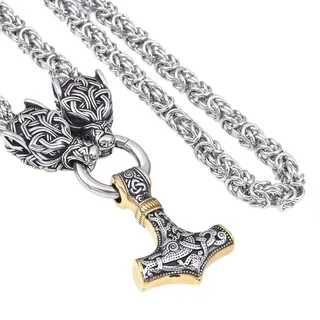 Nordische Mythologie Wikinger Mjölnir Herren Halskette – Wolfskopf Mit Thors Hammer Anhänger Edelstahl Königskette –Handgefertigter Schwerer Vintage Kette Pagan Schmuck(Dual Color Round Chain,60CM)