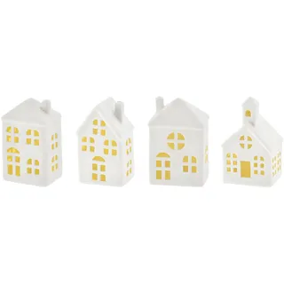 Spetebo LED Keramik Haus weiß 11 cm - 4er Set - Deko Weihnachtsdorf mit Beleuchtung in warm weiß - Weihnachts Tisch Deko Aufsteller Winter Haus