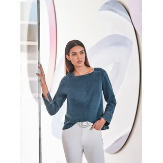 Heine HEINE, Damen, Gr. 36, blau (blau, stone, washed), 99% Baumwolle, 1% Elasthan, unifarben, eckiger Ausschnitt, Langarm, Blusen