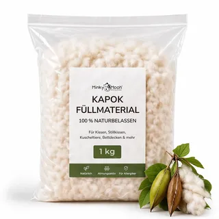 Minky Mooh® 1 kg Kapok Füllmaterial (Öko-Tex 100) vegan & 100% naturbelassen - Kapokwolle & Füllwatte für Allergiker - Atmungsaktive Kapokfaser Wolle für Füllung von Stillkissen, Kissen, Matratze
