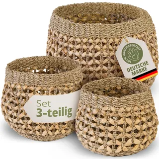 TERRAVIEN Korb Pflanzenübertopf 3er Set aus Seegras & Wasserhyazinthe | Geflochtener Blumentopf im 3er Set (S, M, L) für Zimmerpflanzen – Boho Pflanzkorb & Aufbewahrungskorb