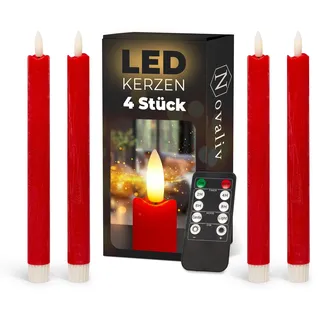 Stabkerzen LED mit Timer ROT 4 Stück ROT indoor - 6 Stunden - ECHTWACHS 23cm Höhe für Kerzen 2,2cm Durchmesser 2 AAA Batterien notwendig LED Stabkerzen flackernde Flamme bewegliche Flamme Licht