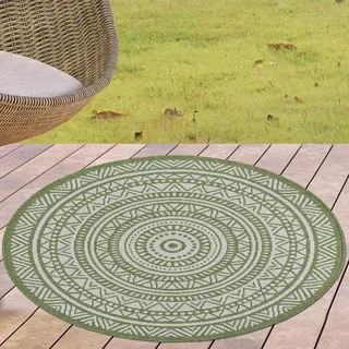 CARPETIA Outdoor Teppich Rund Mandala Grün Beige Wetterfest Ø 120 cm