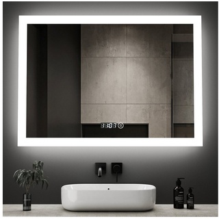 WDWRITTI Spiegel LED Badspiegel Uhr mit touch Beleuchtung 80x60 (Wandspiegel 3000/4000/6500K, 3Lichtfarben, Helligkeit Dimmbar), Speicherfunktion, IP44 bunt|weiß