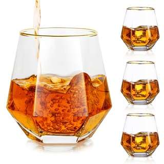 Hanobe Wiskey-gläser Whiskygläser Whisky Glas: Einzigartige Geometrische Gekippt Whiskey Glas Goldrand 4er Kristallglas Diamond Whyskiglaser Modern Wisky-gläser Set 10oz Whiskeygläse Klar Wisky-gläse