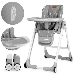 MoMi LUXURIA Kinderhochstuhl mit 4 Rollen mit Bremsfunktion, 5-Punkt-Sicherheitsgurt, klappbar, höhenverstellbar (7 Stufen), verstellbare Rückenlehne (5 Stufen) und Tablett (2-stufig), Fußstütze