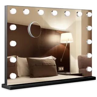 Bayt Schminkspiegel mit Beleuchtung 80x60 cm – Großer Hollywood Kosmetikspiegel 18 LED dimmbar, 3 Lichtmodi, 10× Vergrößerung, Touch, Standspiegel oder Wandmontage, Schwarz