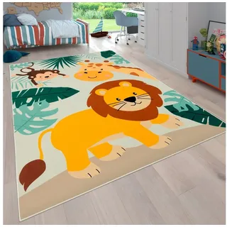 Paco Home Kinderteppich Bino 582, rechteckig, Höhe: 4 mm, Spielteppich, Motiv Tiere, Löwe & Giraffe, Kinderzimmer beige rechteckig | 200 cm x 200 cm x 4 mm