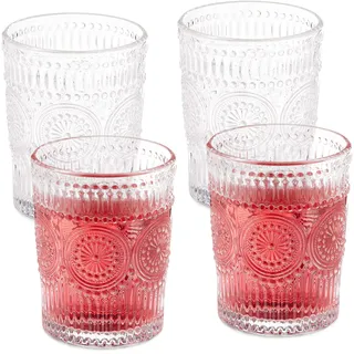 Relaxdays Trinkgläser, 4er Set, 300 ml, Vintage Gläser Wasser, Saft, Limo, spülmaschinenfest, Wassergläser, transparent,