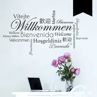 WANDKINGS Wandtattoo - Willkommen in verschiedenen Sprachen - 100 x 54 cm - Schwarz - Wähle aus 5 Größen & 35 Farben