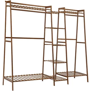 Shalmidor Kleiderständer Bambus Garderobenständer, Offener Kleiderständer, Schlafzimmer Garderobe, Bodenstehender Kleiderständer, 9 Ablagen, 2 Kleiderstangen, 160x40x140 cm (Teefarbe)
