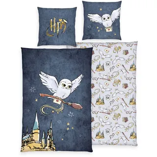 Harry Potter Bettwäsche Eule 70x90cm, 140x200cm - blau - 70x90/140x200cm