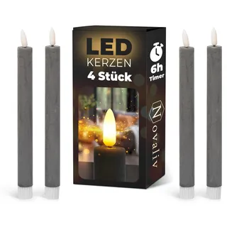 Stabkerzen LED mit Timer GRAU 4 Stück GRAU indoor - 6 Stunden - ECHTWACHS 23cm Höhe für Kerzen 2,2cm Durchmesser 2 AAA Batterien notwendig LED Stabkerzen flackernde Flamme bewegliche Flamme Licht
