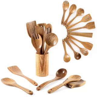 Hanseküche 12-teiliges Küchenhelfer-Set aus Akazienholz XXL Holz-Kochbesteck mit Grillzange, Schneebesen, Pfannenwender, Löffel & Nudelschöpfer Robust, langlebig & kratzfrei für jede Pfanne