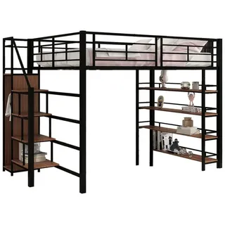 OKWISH Kinderbett Hochbett Metallbett Stauraumbett Gästebett (mit Sicherheitstreppe, Stauraum und kleinem Kleiderschrank, mit Einlegeböden, hohes Zaundesign, Einzelbett, Jugendbett), ohne Matratze schwarz