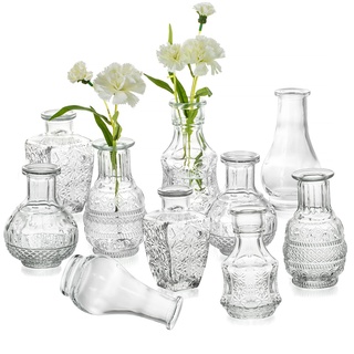 Hewory Kleine Vasen für Tischdeko, 10er Glasvasen Mini Vasen Set Vase Glas Blumenvase Vintage Deko, Vasen Klein Tischdeko Für Wohnzimmer Deko Modern Hochzeitsdeko