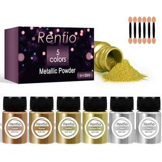 Renfio Metallic-Pigmentpulver, 5 Farben Gold-Glimmerpulver für Harz, 6 x 20 ml Metallpulver, Harzfarbpigment, Farbpigment für Epoxidharz, Kintsugi, Polymer Clay, Kerzenfarbe
