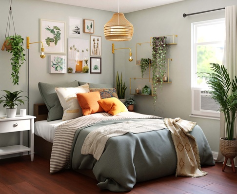 Schlafzimmer mit Bett, Zimmerpflanzen, Bildern, Regal und Nachttisch