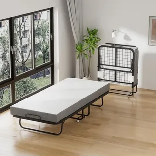 Vigevee Klappbett mit Matratze 90x200 cm, faltbares Gästebett mit Metallrahmen, Rollen und Staubhülle - Grau