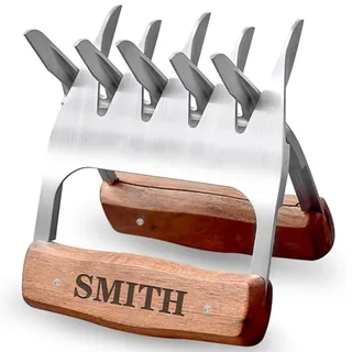 Fleischzerkleinerer aus Metall, personalisierbar, Set mit 2 hochwertigen Fleischgabeln aus 18/8 Edelstahl mit Holzgriff, individuelles Grillgeschenk für Männer, Frauen, Vater, Ehemann, individueller