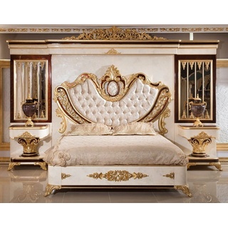 Casa Padrino Luxus Barock Schlafzimmer Set Gold / Weiß / Braun / Gold - 1 Doppelbett mit Kopfteil & 2 Nachtkommoden - Schlafzimmer Möbel im Barockstil - Edel & Prunkvoll