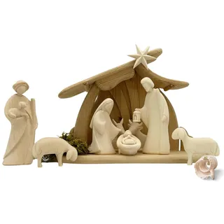 Akantus Leonardo Weihnachtskrippe aus Holz: 8er Set mit Stall HL.Nacht klein (10 cm, Natur)
