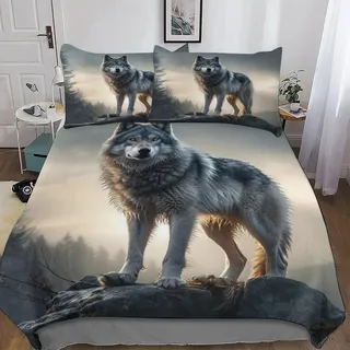 PAZZK Wolf Muster Deckenbezug Bettwäsche Set 2 teilig Für Jungen Mädchen Atmungsaktiv Microfaser Angenehme Bettbezüge - Bettbezug + Kissenbezug Single (135x200cm)