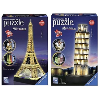 Ravensburger 125791 Eiffelturm bei Nacht Puzzle 3D-Puzzle Bauwerk Night Edition, 216 Teile & 12515 3D-Puzzle Schiefer Turm bei Nacht